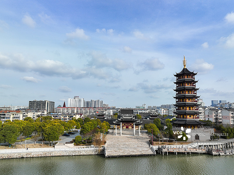 泰州镇淮楼凤城河建筑风光航拍图片素材