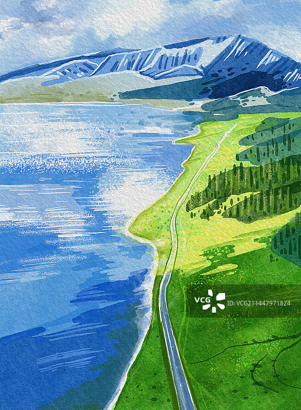 新疆旅行风景插画大好山河封面装饰画背景素材图片素材