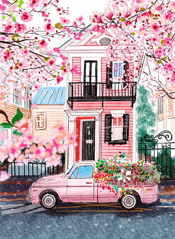 情人节樱花送花粉色街景门口路边插画背景素材图片素材