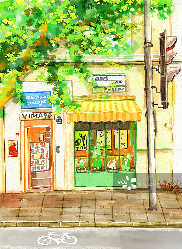 夏天小清新插画街景店铺背景素材图片素材