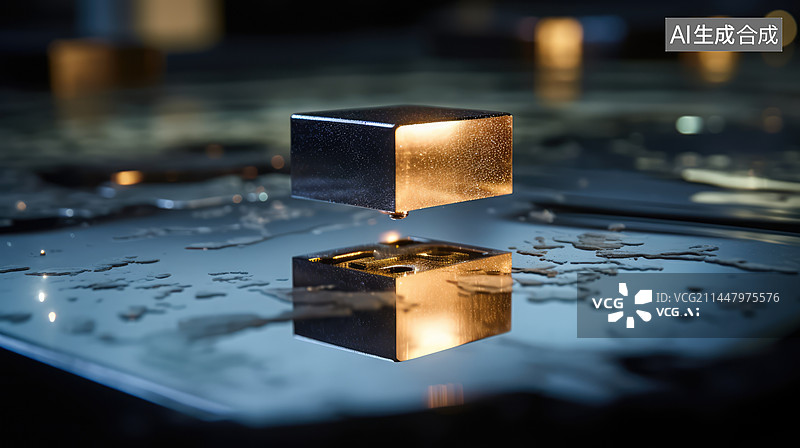 【AI数字艺术】室温超导概念图，悬浮的铁元素方块3D渲染图片素材