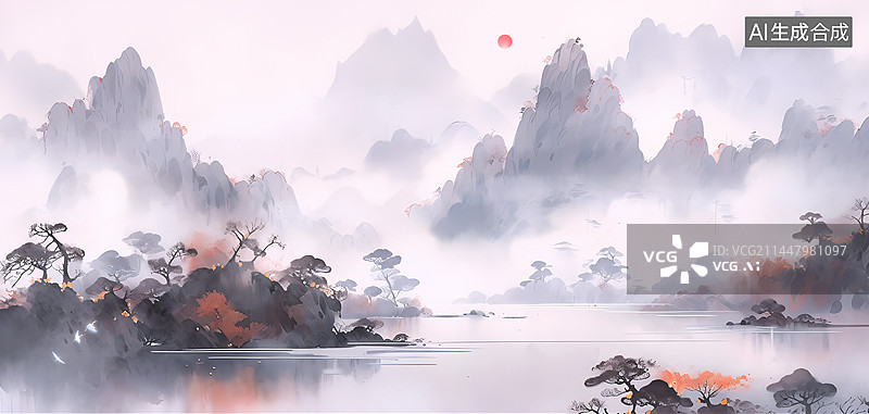 【AI数字艺术】中国风山川水墨画背景图片素材