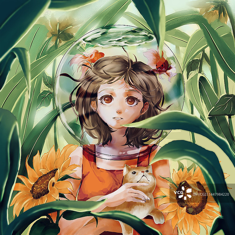 可爱的鱼缸小女孩图片素材