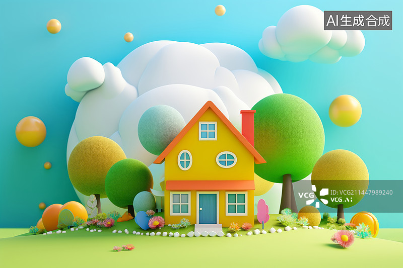 【AI数字艺术】三维卡通房屋住宅插画图片素材