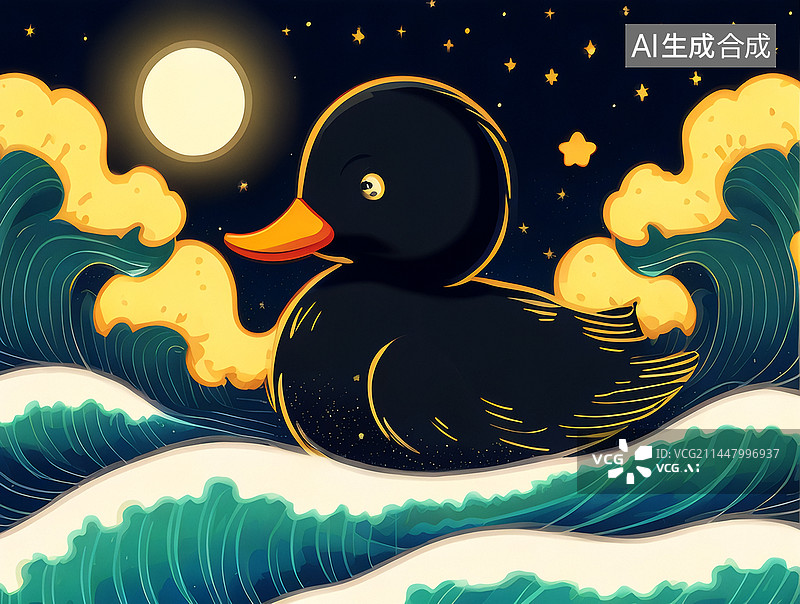 【AI数字艺术】国潮风黑鸭子月亮浪花插画图片素材