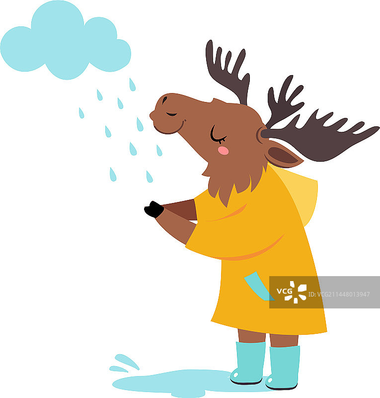 雨天里穿雨衣的可爱麋鹿图片素材