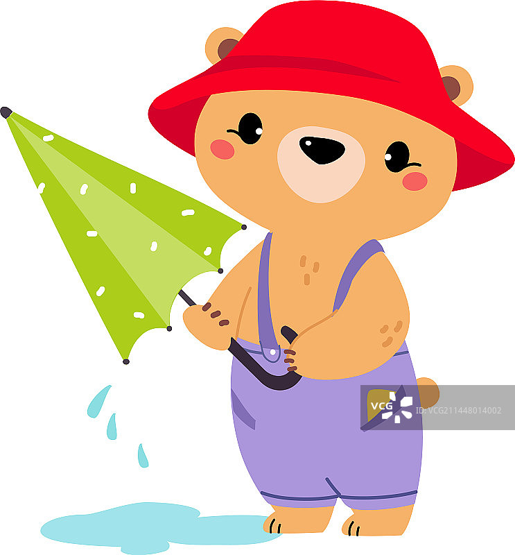 可爱小熊戴着帽子在雨中散步图片素材