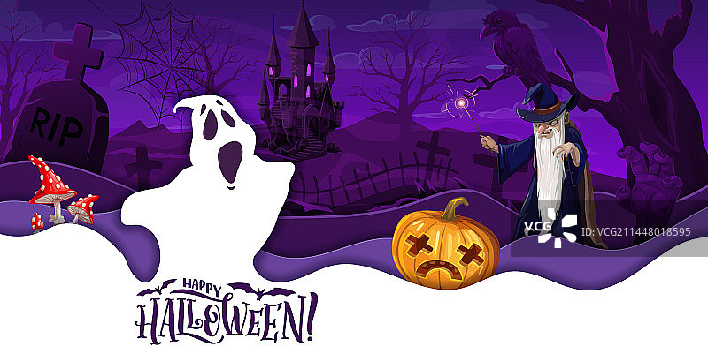 万圣节剪纸墓地景观恐怖之夜图片素材