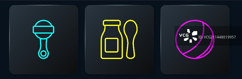 拨浪鼓婴儿玩具沙滩球和酸奶线条组合图片素材