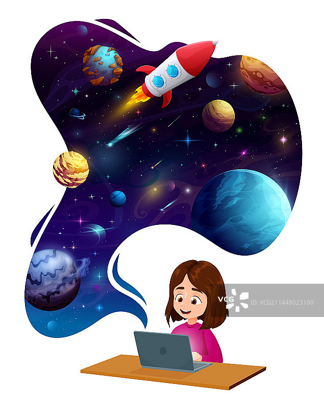 小女孩用笔记本电脑畅想太空星球图片素材