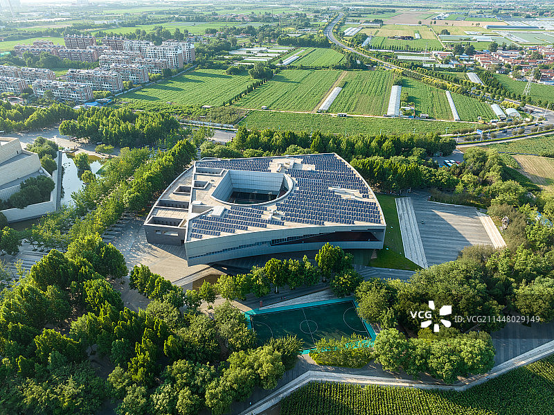 中国山东淄博临淄区齐都文化城之足球博物馆航拍图片素材