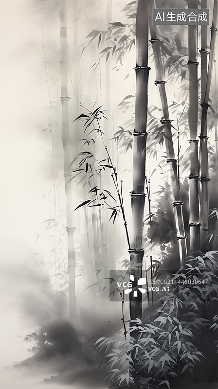 【AI数字艺术】古风水墨竹子，中国风手绘水墨竹子插画图片素材