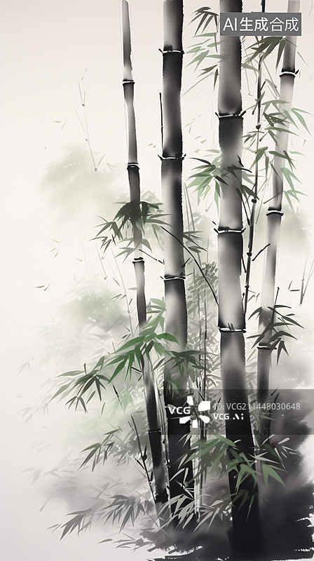 【AI数字艺术】古风水墨竹子，中国风手绘水墨竹子插画图片素材