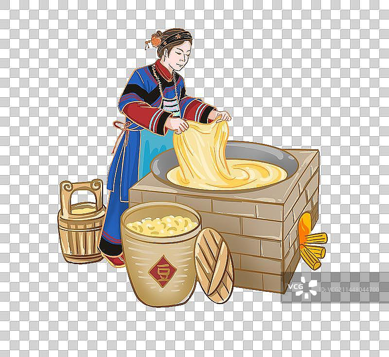 手绘插画一个客家妇女穿着民族服饰在制作豆腐皮免抠素材图片素材