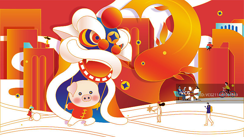 新年红色城市建筑下的小猪舞狮图片素材