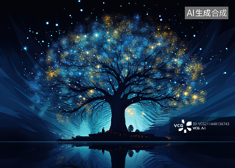 【AI数字艺术】星空下的树图片素材