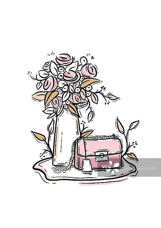 白色背景下花瓶里的花和粉丝包包图片素材