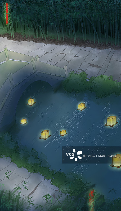 夜晚河边的河灯图片素材