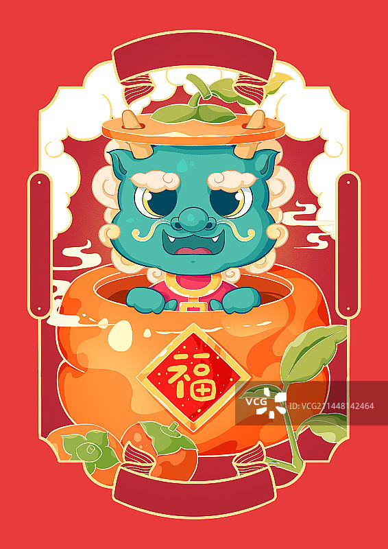 龙年国风插画柿柿如意图片素材