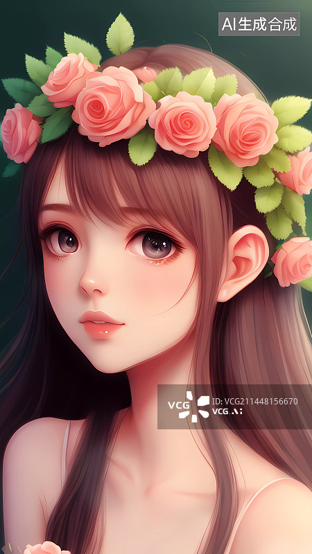 【AI数字艺术】戴玫瑰花环的女孩肖像图片素材