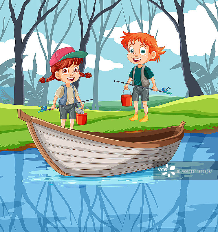 两个孩子准备去钓鱼图片素材