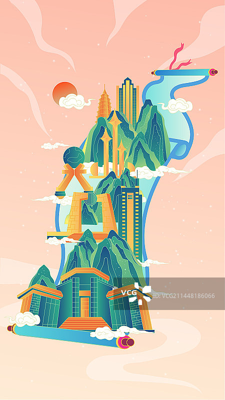 汕头卷轴山水画中国风城市复古打卡地标旅游建筑群图片素材