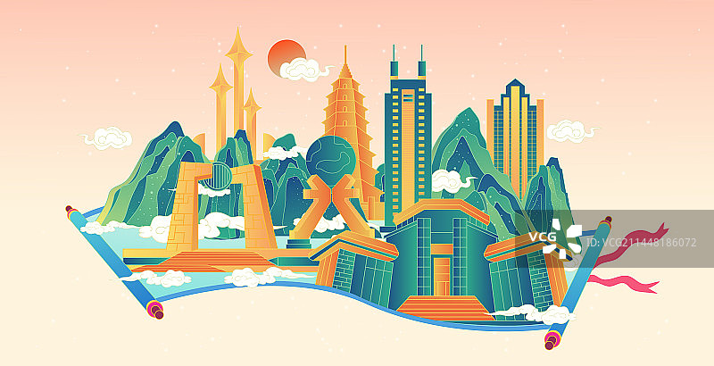 汕头卷轴山水画中国风城市复古打卡地标旅游建筑群图片素材