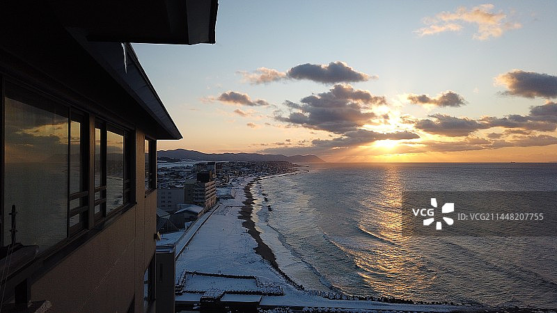 日出 海边 雪景 摄于函馆图片素材
