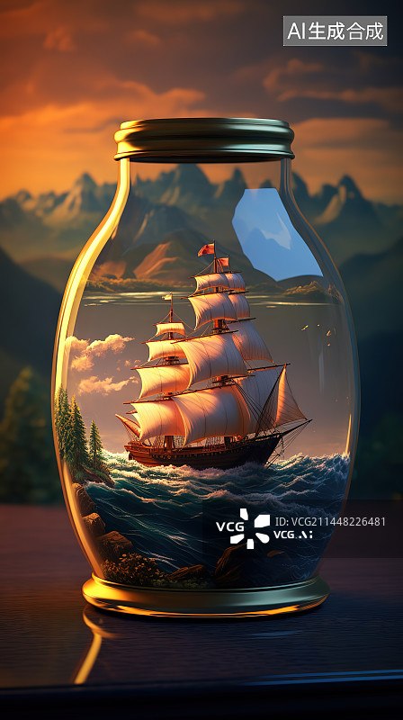 【AI数字艺术】夕阳下的玻璃瓶图片素材