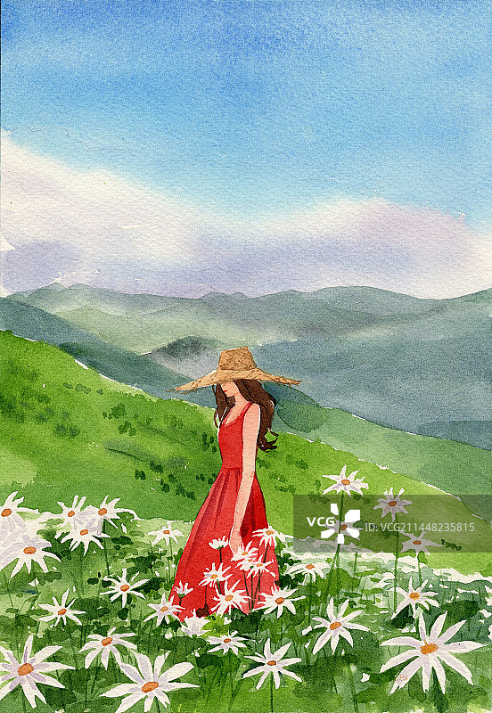 夏季出游旅游女生雏菊草帽红裙手绘少女水彩插画图片素材