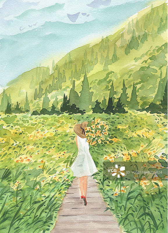 抱花少女插画水彩手绘田园风光插画插图图片素材