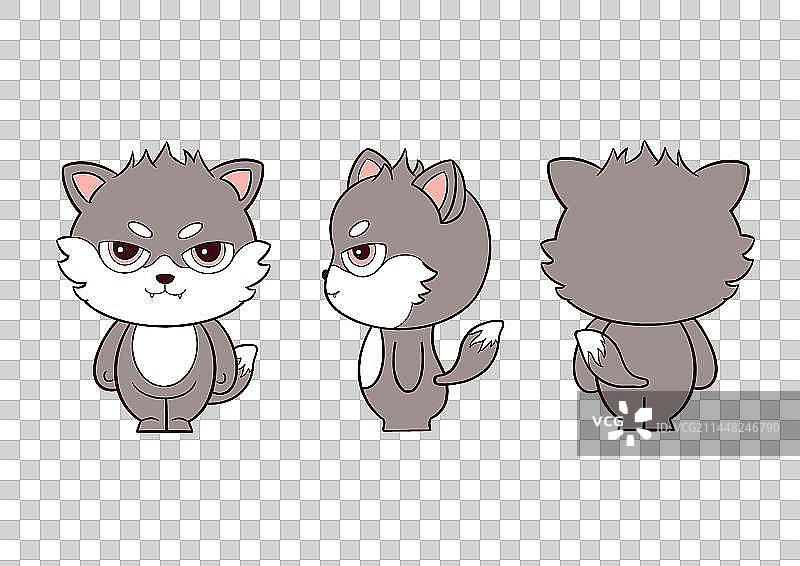 卡通可爱小狼三视图吉祥物插画图片素材