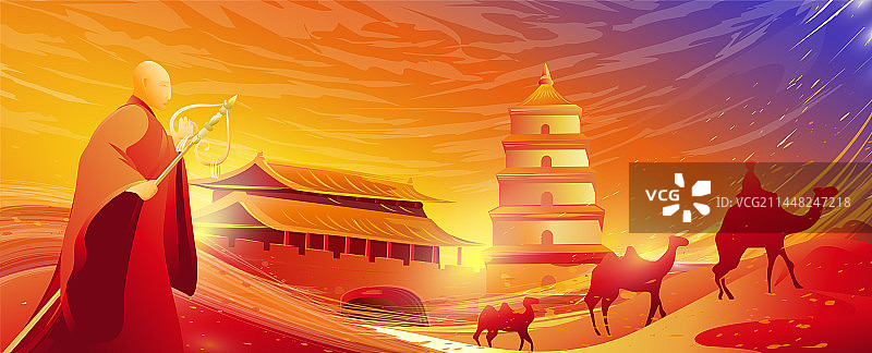 唐朝玄奘骆驼商队在从长安去往丝绸之路一带一路图片素材