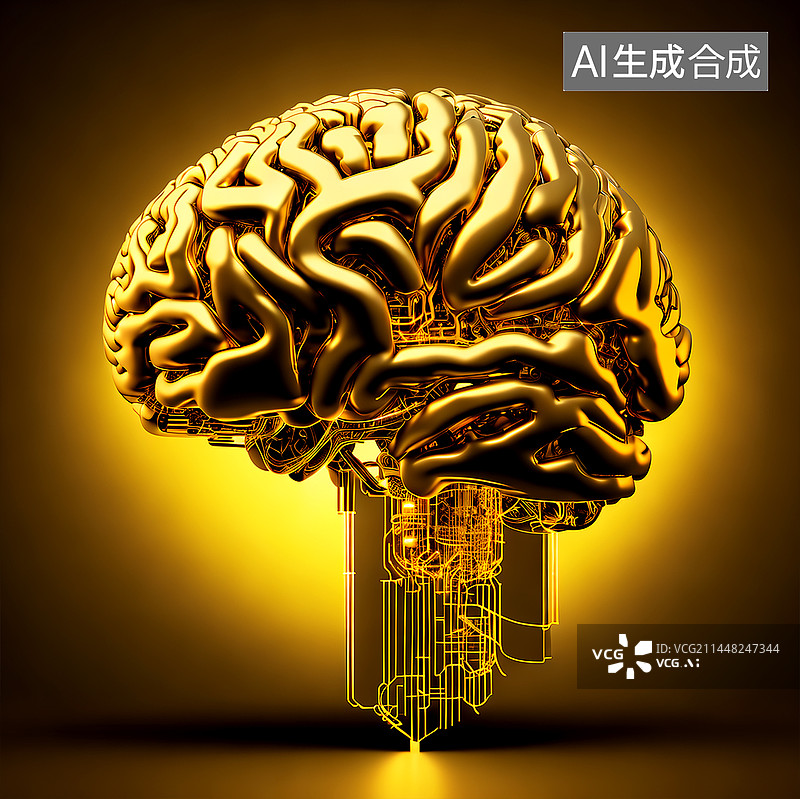 【AI数字艺术】脑机接口大脑神经科技芯片植入黄色金属质感图片素材