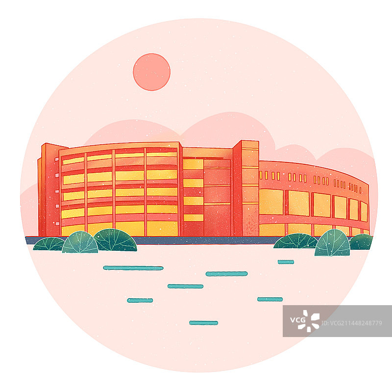 扁平插画校园建筑教学楼宿舍楼天空创意卡通手绘插画图片素材