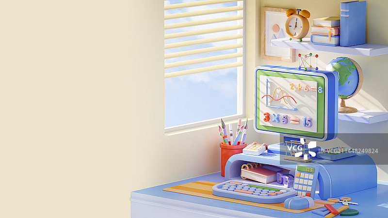 3D卡通风格书房学习场景开学季主题插画图片素材