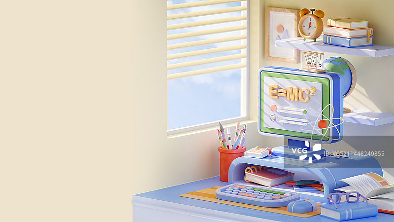 3D卡通风格书房学习场景开学季主题插画图片素材