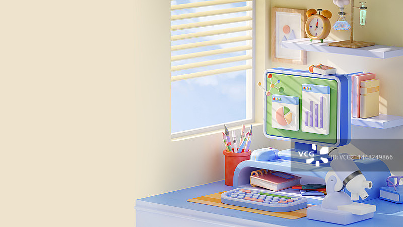 3D卡通风格书房学习场景开学季主题插画图片素材