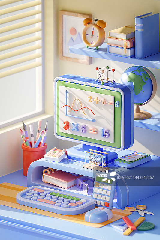 3D卡通风格书房学习场景开学季主题插画图片素材