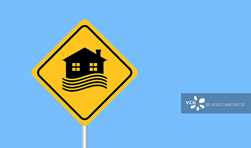 带有房屋的洪水区域警示牌自然灾害图片素材