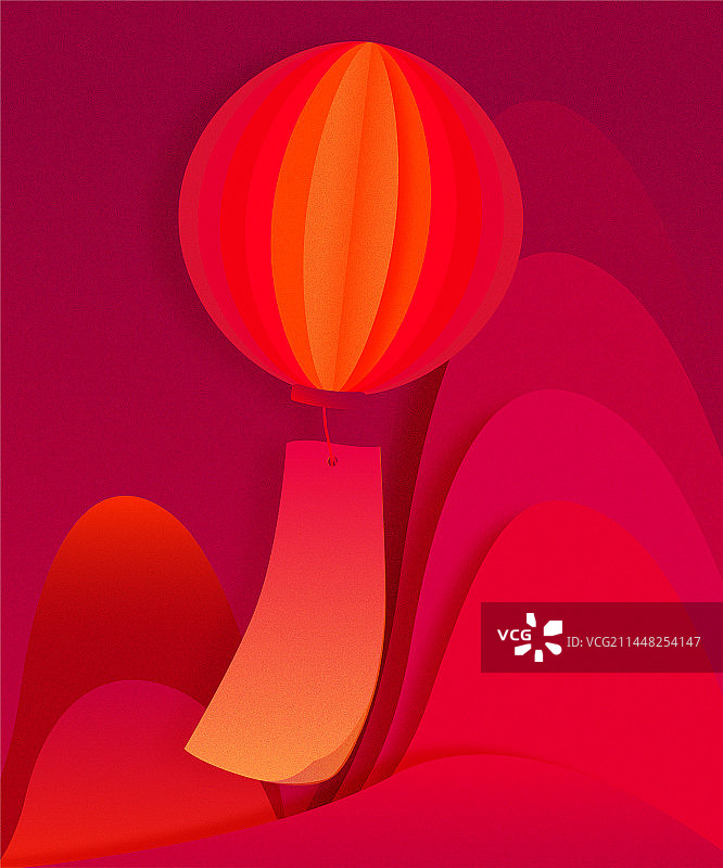 新年元宵节喜庆红色灯笼山脉剪纸风元素图片素材