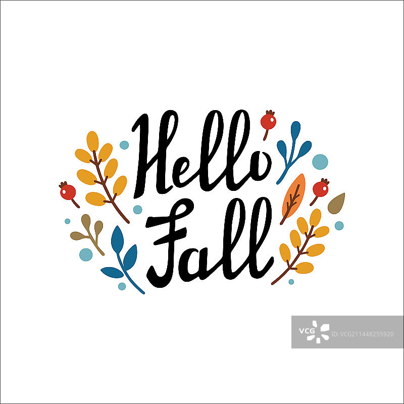 你好秋天手写字母与树叶图片素材