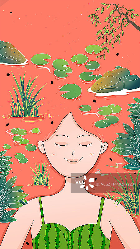 夏天二十四节气西瓜少女河流池塘石头植物创意插画图片素材