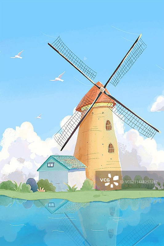 治愈小清新风车房屋草丛河流蓝天白云插画壁纸图片素材