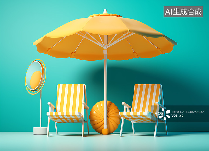 【AI数字艺术】3D遮阳伞沙滩椅场景图片素材