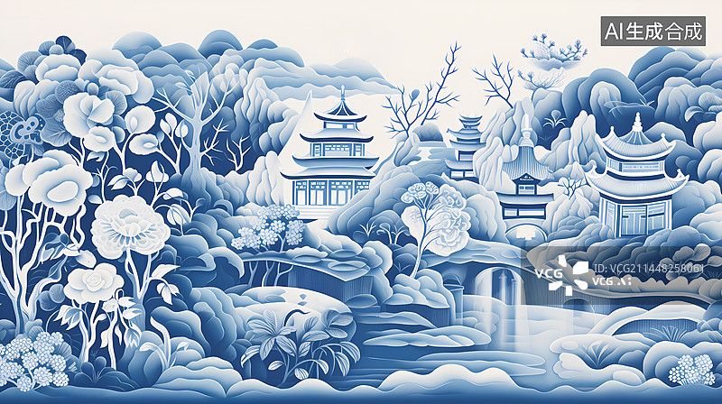 【AI数字艺术】青花瓷山水插画图片素材