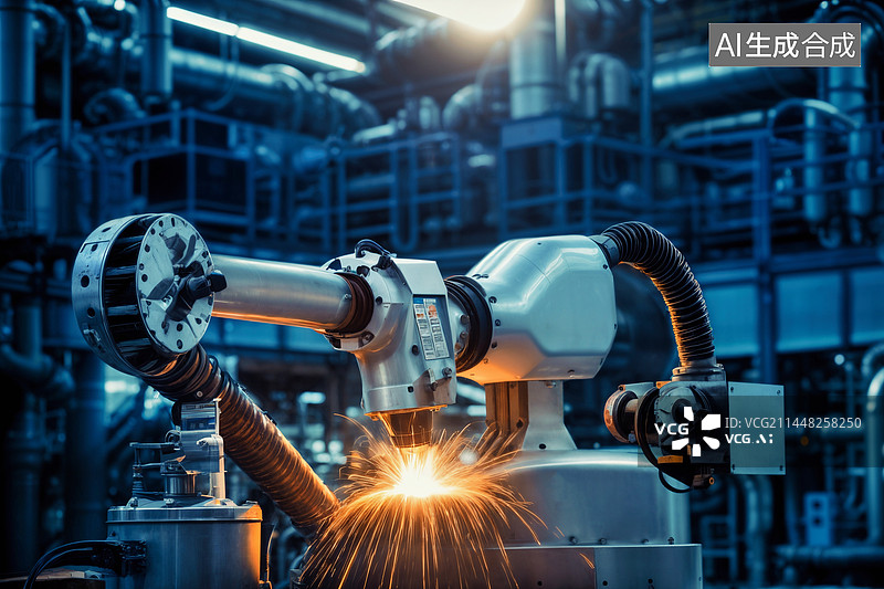 【AI数字艺术】现代化工厂里的自动焊接机器手臂图片素材