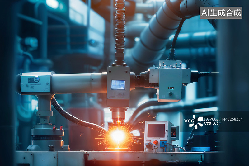 【AI数字艺术】现代化工厂里的自动焊接机器手臂图片素材