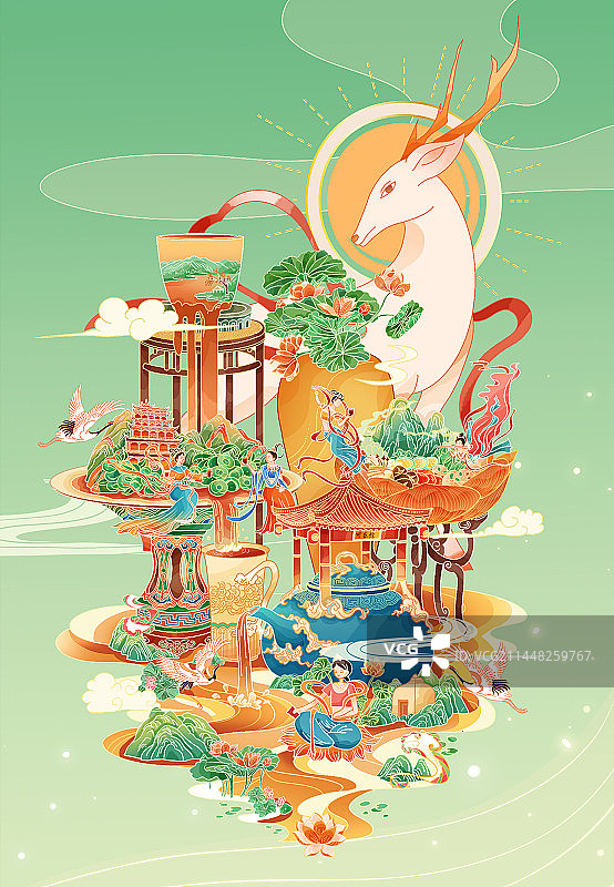 敦煌飞天女九色鹿莫高窟荷花河流创意场景插画国潮图片素材