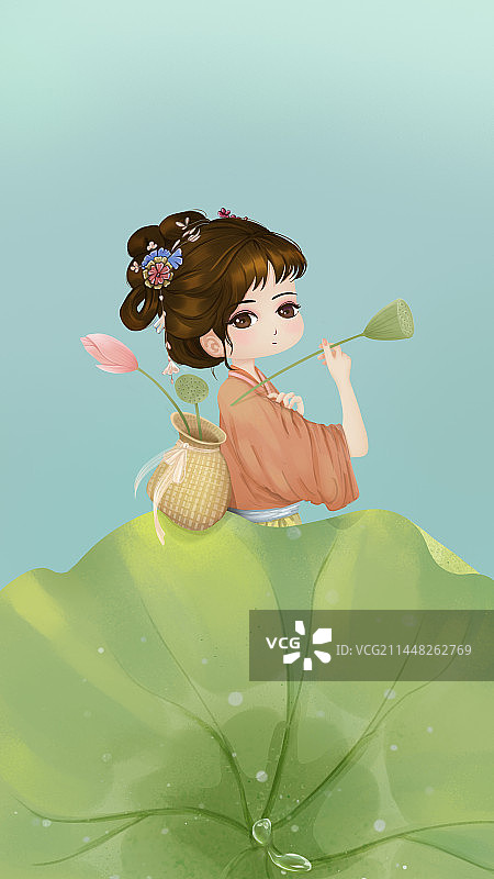 手绘插画荷叶女孩采莲背篓夏季大暑节气海报插画图片素材